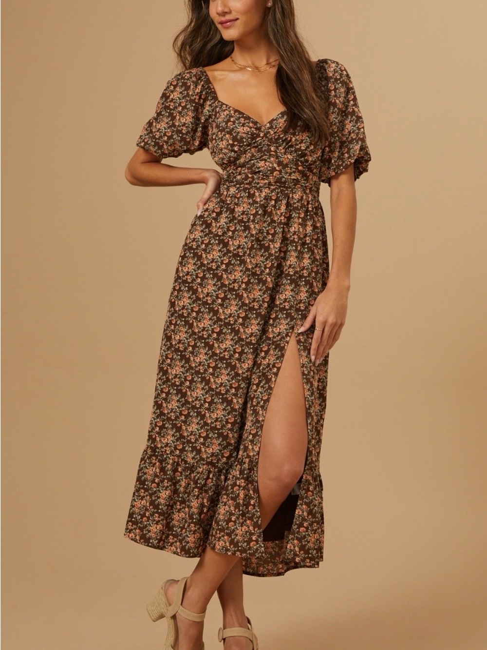Altar'd State Dalia Brown Floral Puff-Sleeve Midi Dress
